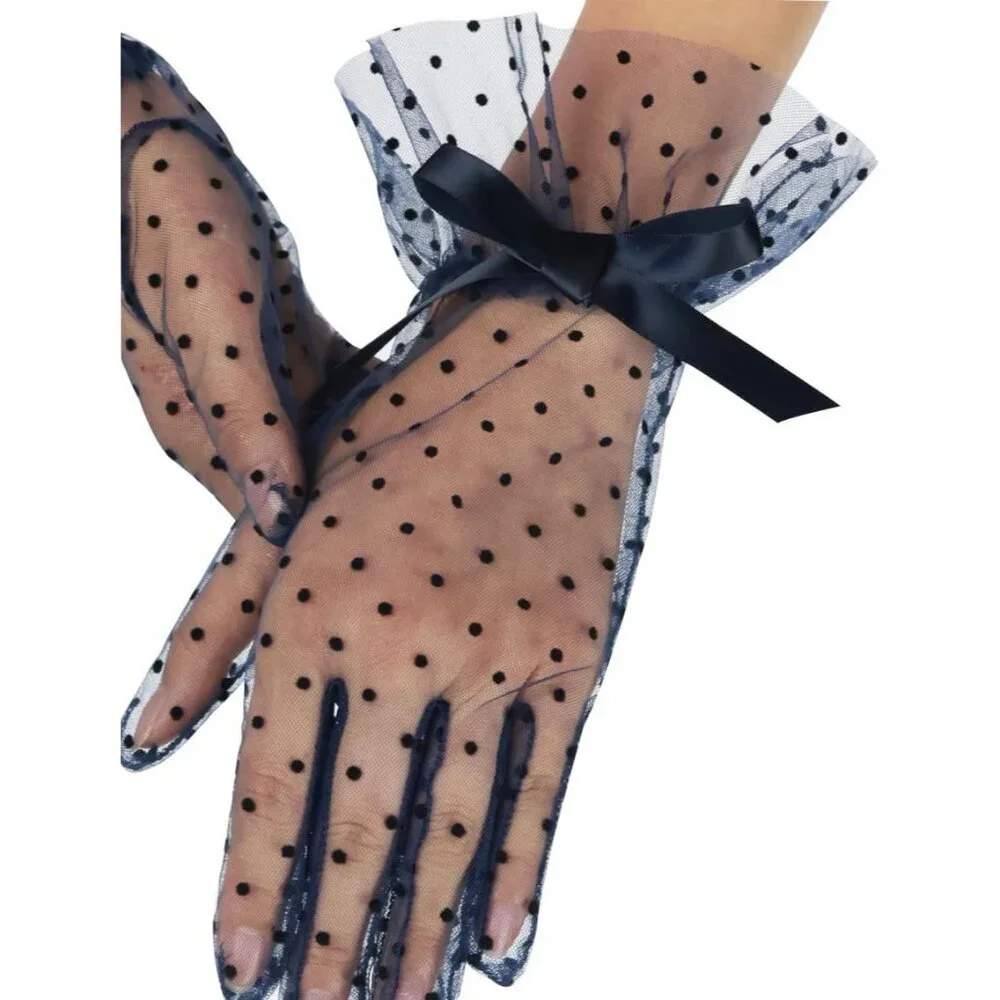 Women's Evening Beige Bow Short Lace Gloves Ruffles Wedding Party Accessories - Picture 4 of 7